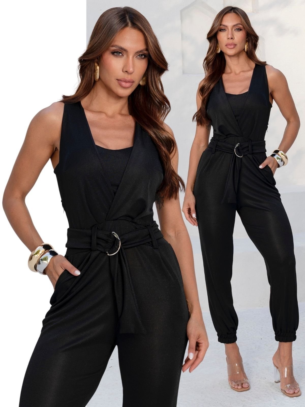 Macacão Feminino Longo Divina Gata Jogger Com Cropped Malha Lurex