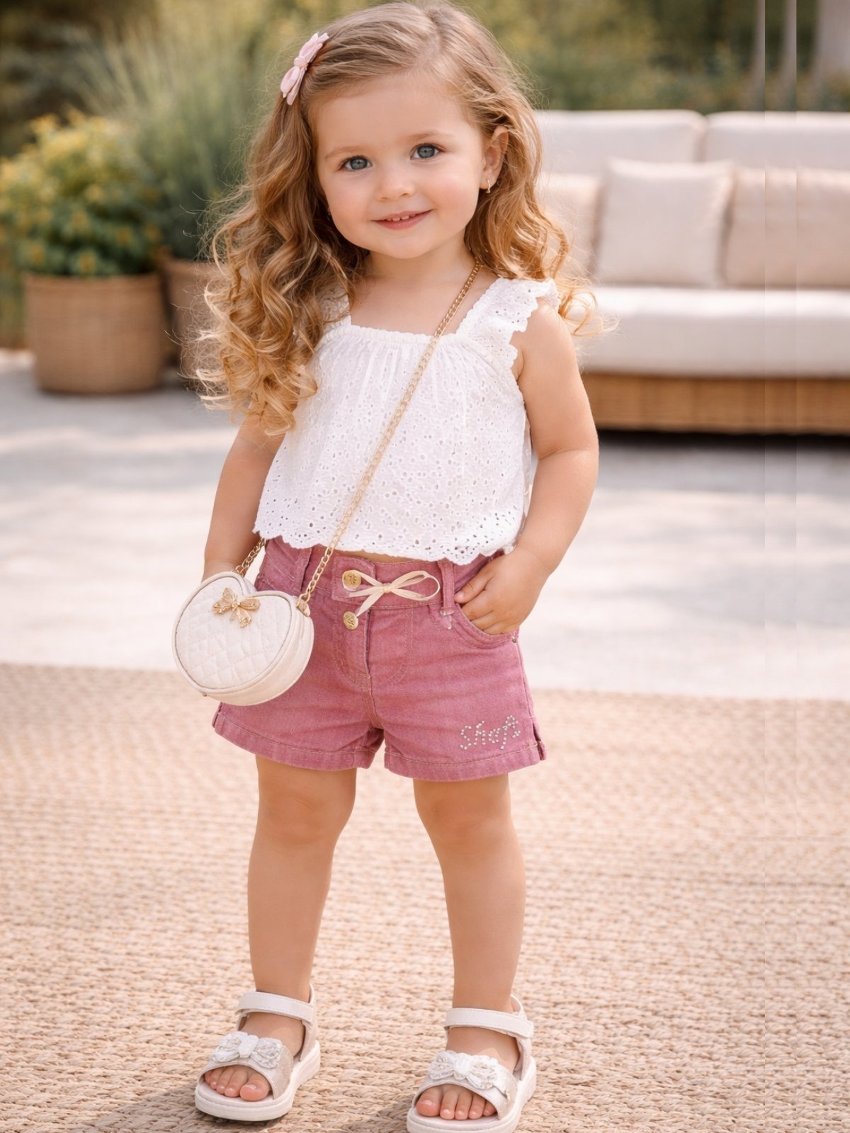 Infantil - Shorts Sarja Rosa Cós Largo Shaft