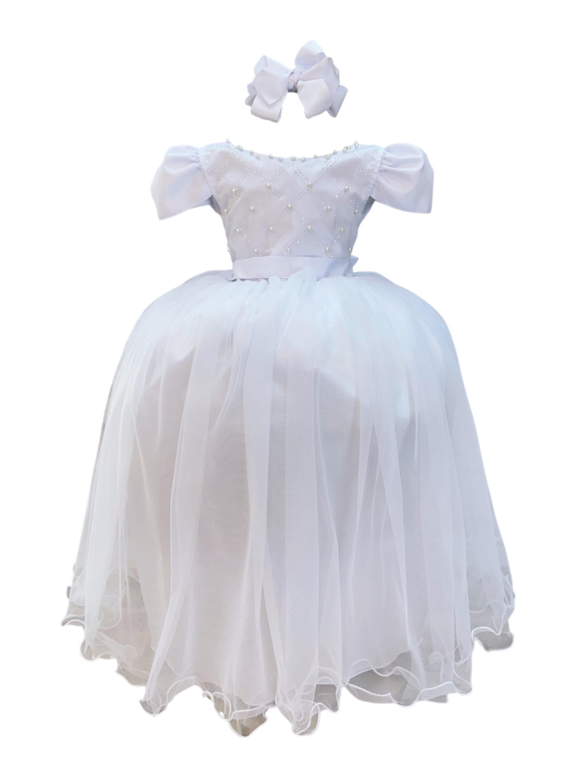 Infantil - Vestido Festa Longo Social Branco Formatura Luxo Casamento Pérolas Dama Daminha Menina Juvenil Juvenil Princesa Rodado Florista Aniversário