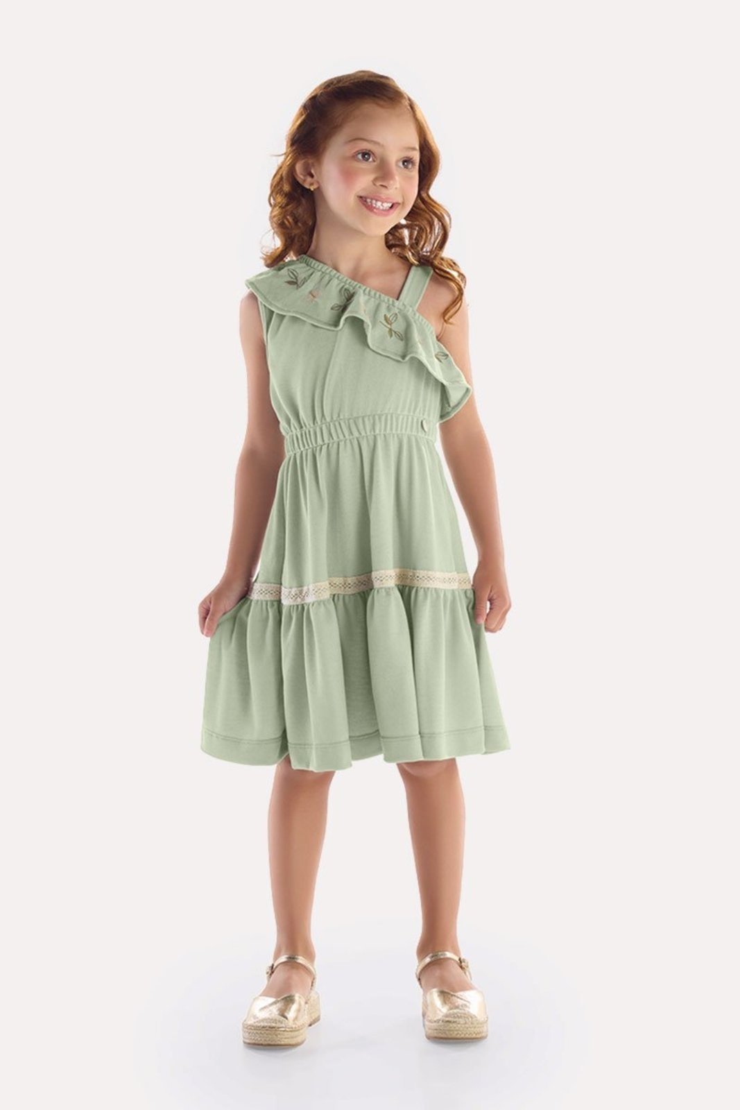 Infantil - Vestido Verde em Malha com Textura e Bordado