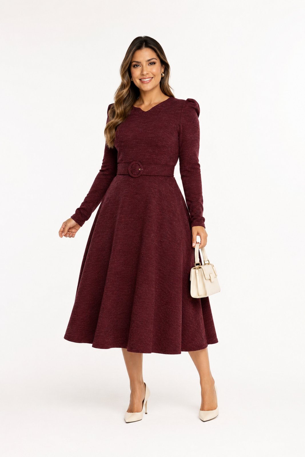 Vestido Midi D Bell Outlet Fashion Social Com Cinto Bordô
