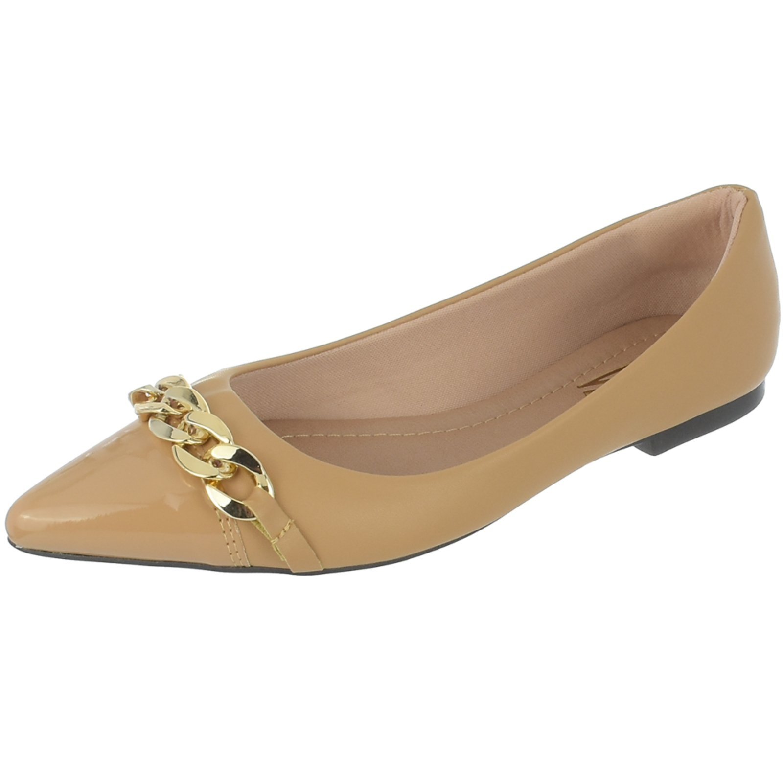 Sapatilha Feminina Bico Fino Flat Corrente Confortável Via Angel 16.06 Bege