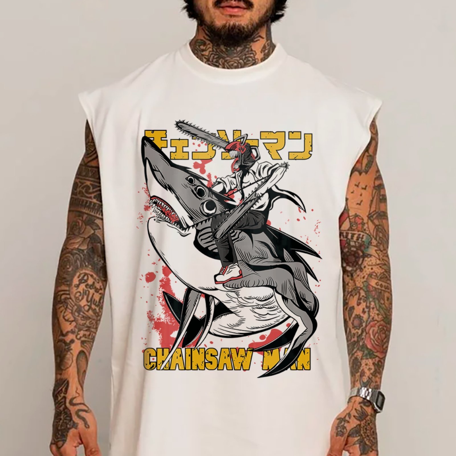 Camiseta Regata Machão Denji Street Brutality Anime Chainsaw Man Masculina Branco