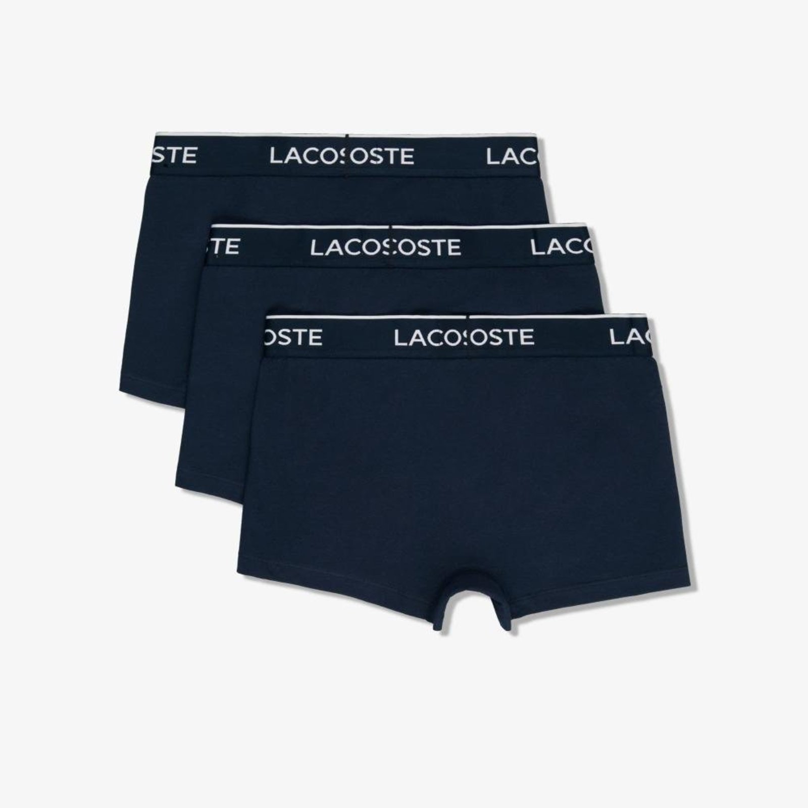 Vista 3 Pack de três cuecas trunks masculina Lacostes em algodão com stretch e cós assinado azul Lacoste azul