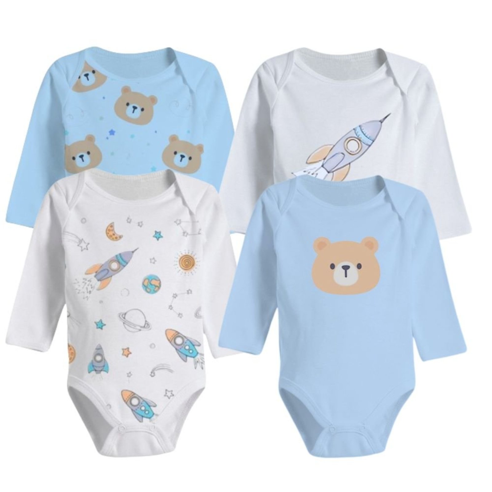 Infantil - Kit Enxoval Roupa de 4 Peças Body Manga Longa Estampado Azul