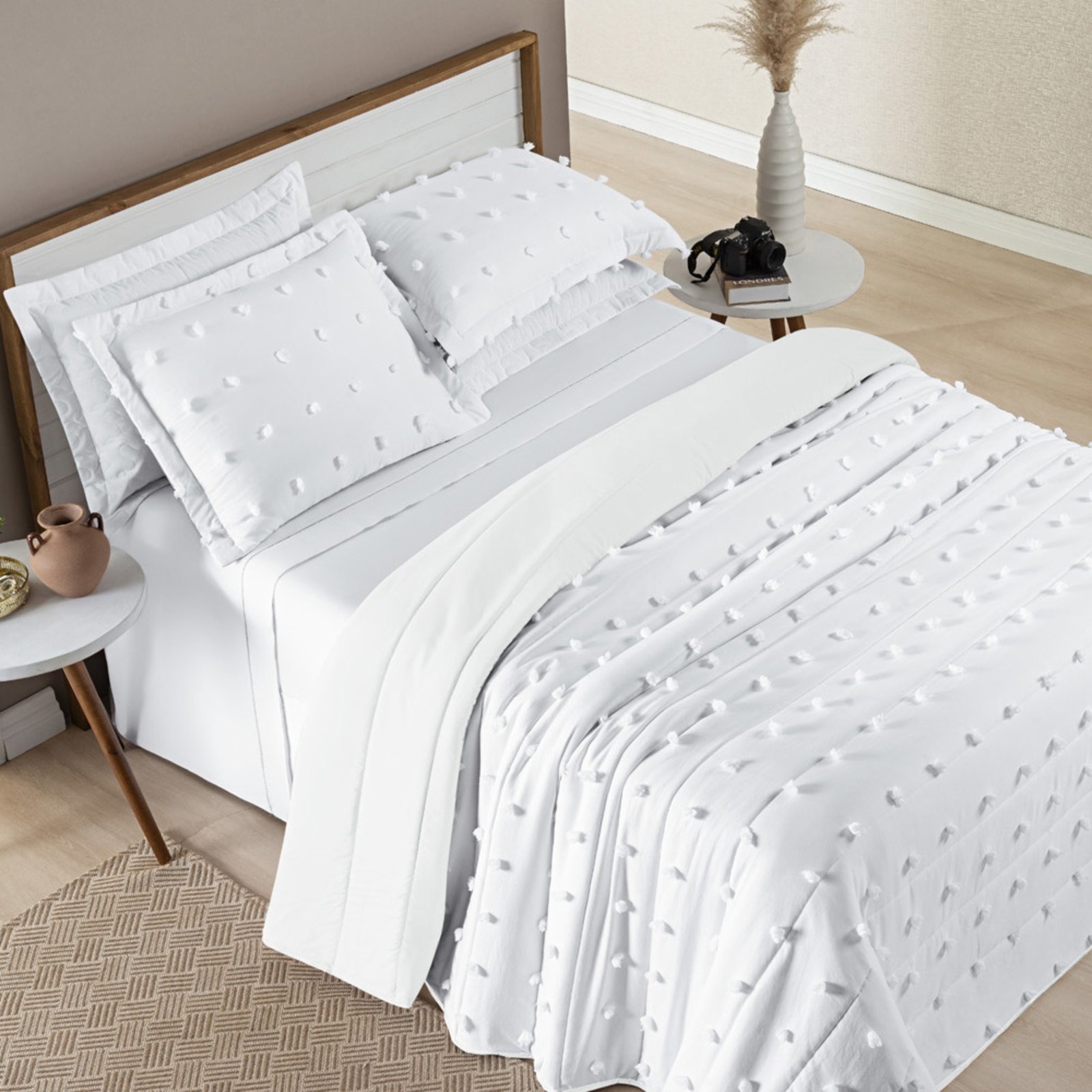 Cobre Leito Casal Padrão Poppy Micropercal 300 Fios 3 Peças – Branco