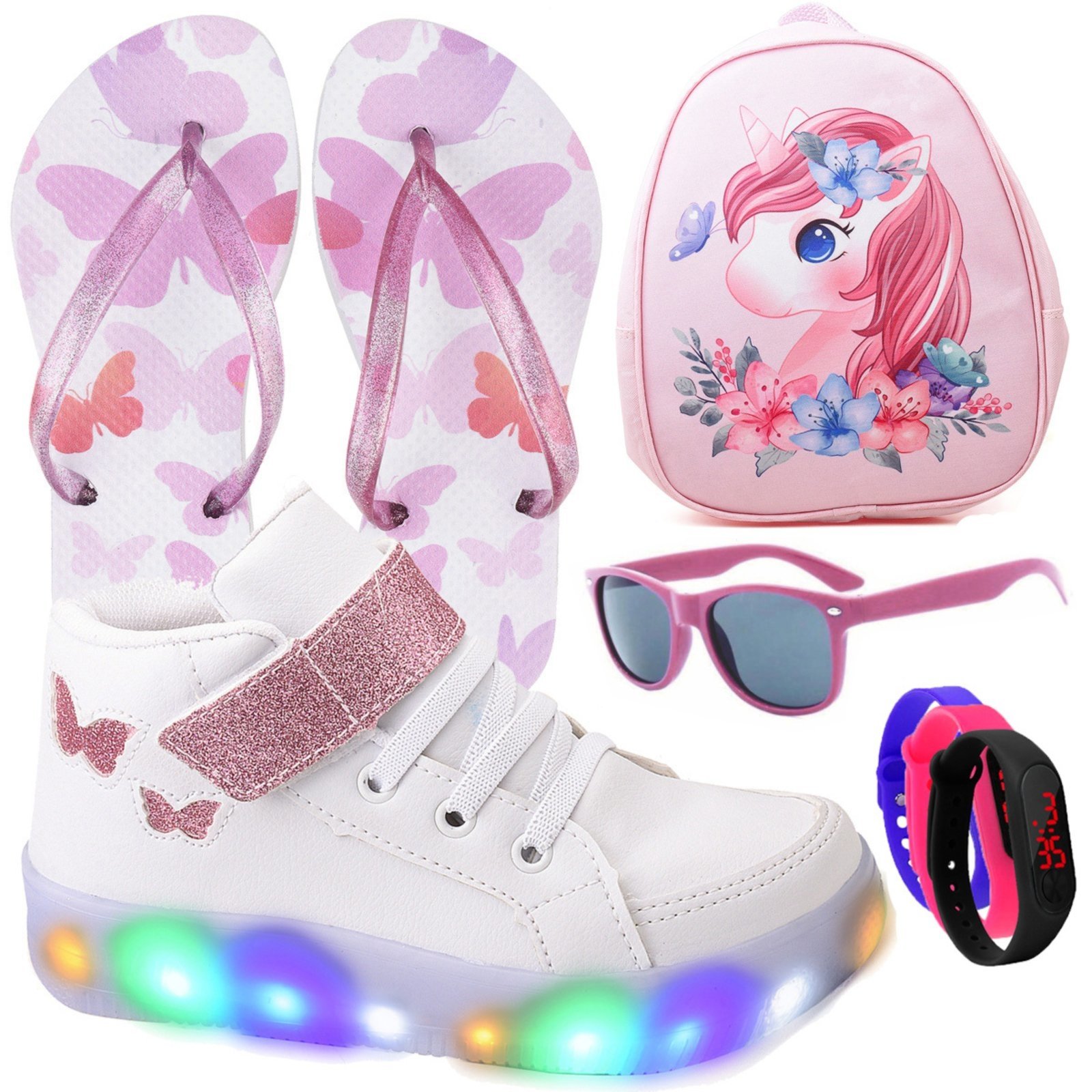 Infantil – Kit Tênis De Led Botinha Borboleta Branco Meninas Brilhante Mochila Chinelo Óculos Relógio
