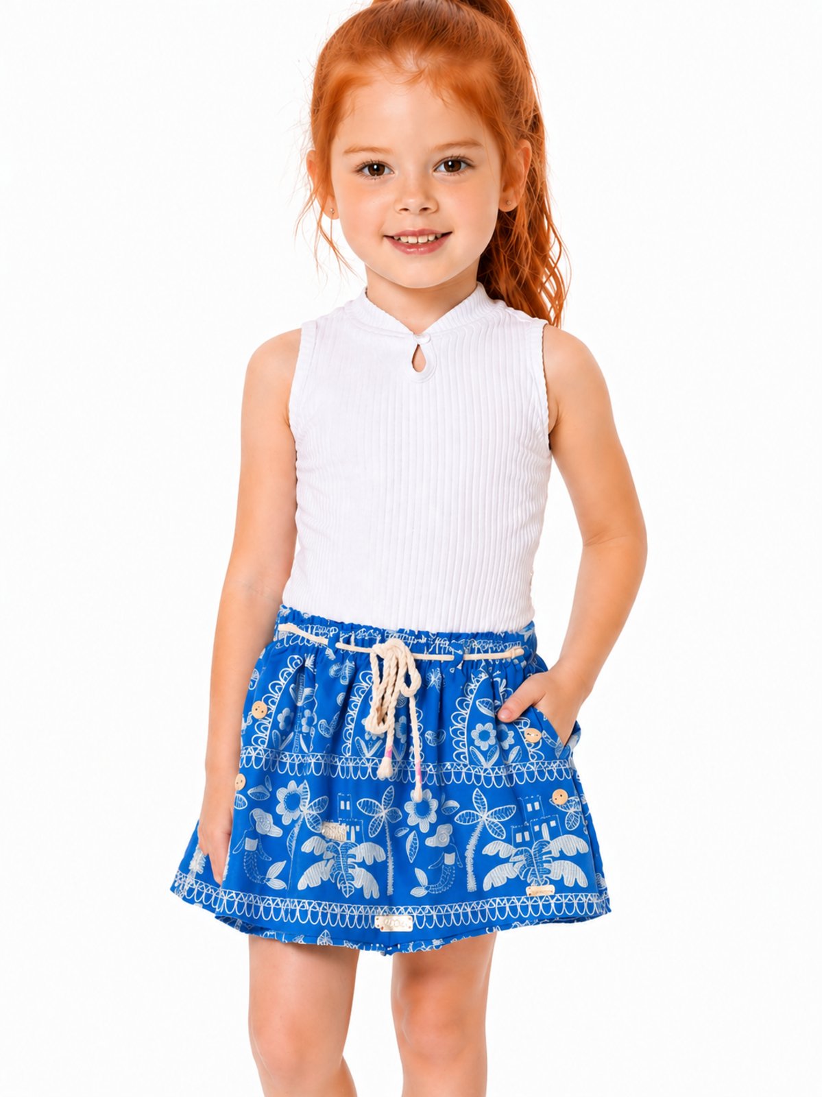 Infantil - Short-Saia Estampa No Litoral Florido com Detalhe Azul