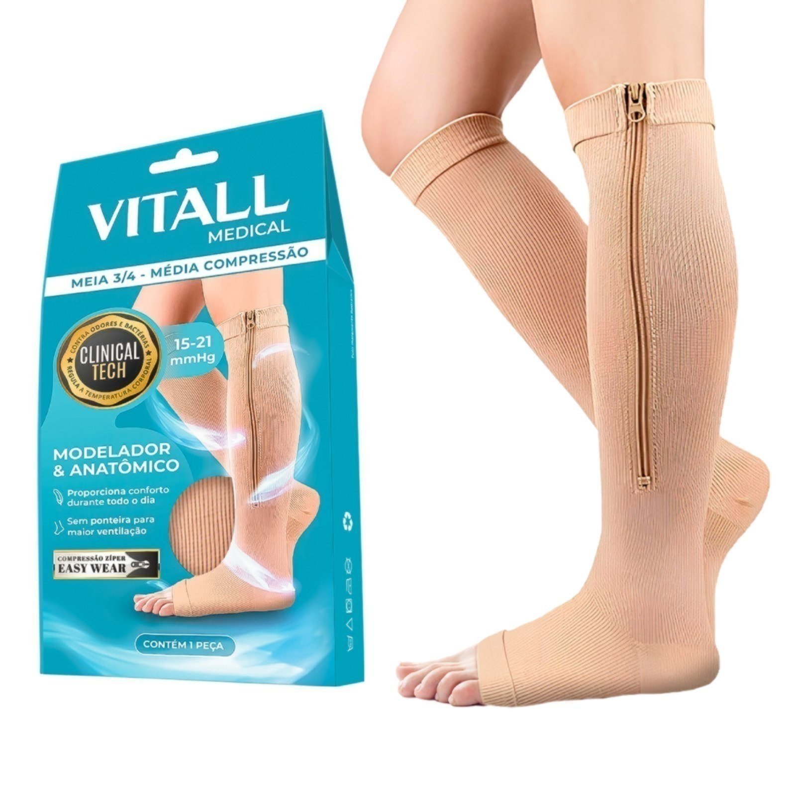 Meia 3/4 Sem Ponteira Vitall Medical Média Compressão Bege