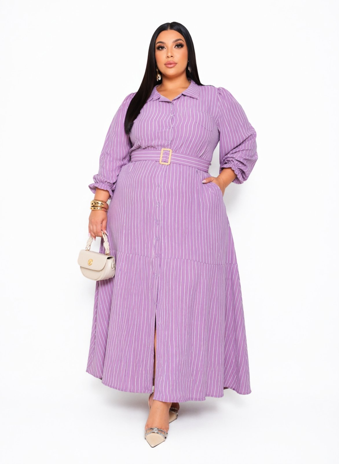 Vestido Longo Plus Size D Bell Outlet Fashion Listrado Lilás