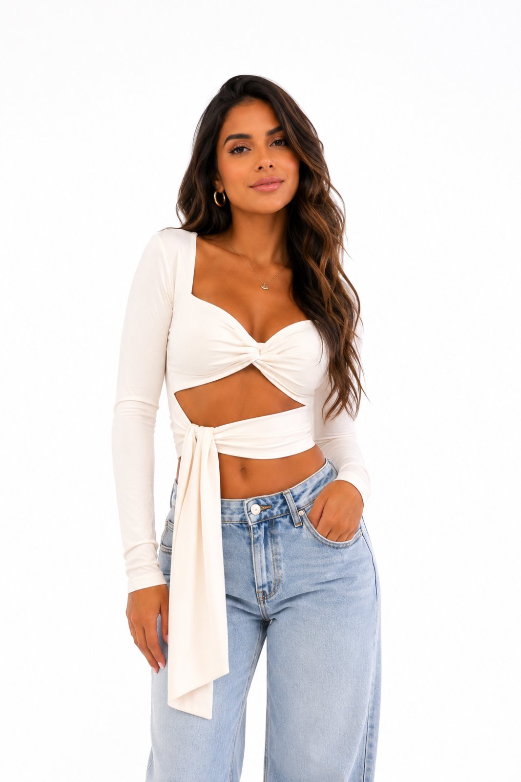 Cropped Aberto Manga Longa Feminino D Bell Outlet Fashion Poliamida Offwhite