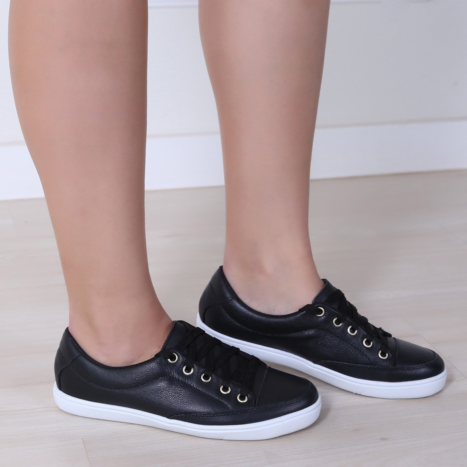 Tênis Feminino Couro Casual Preto Confortável Moderno Para Caminhada Macio