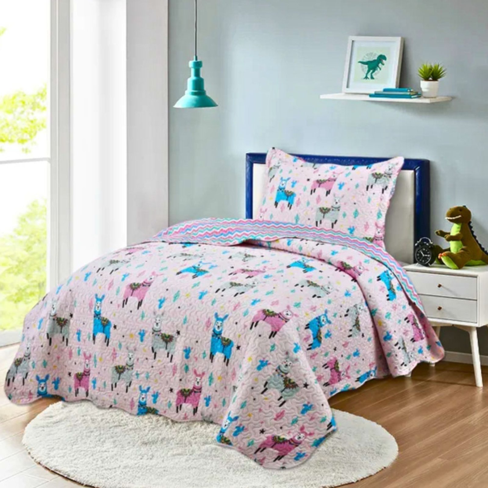Kit Cobre Leito Colcha Solteiro Casa Scarpa Studio Dupla Face Estampado 2 Peças - Lhama - Rosa