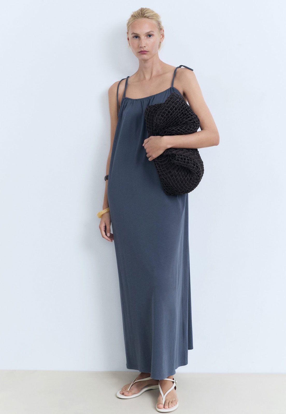 Vestido Feminino Mango Longo Alças Finas Ajustáveis Azul Escuro