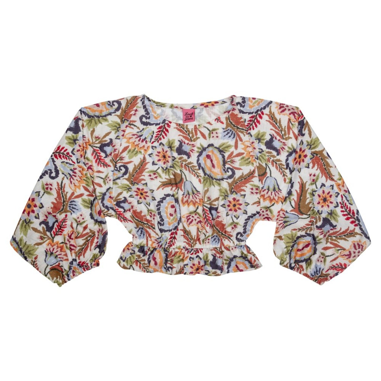 Infantil - Blusa Juvenil Look Jeans Ampla Floral Bege