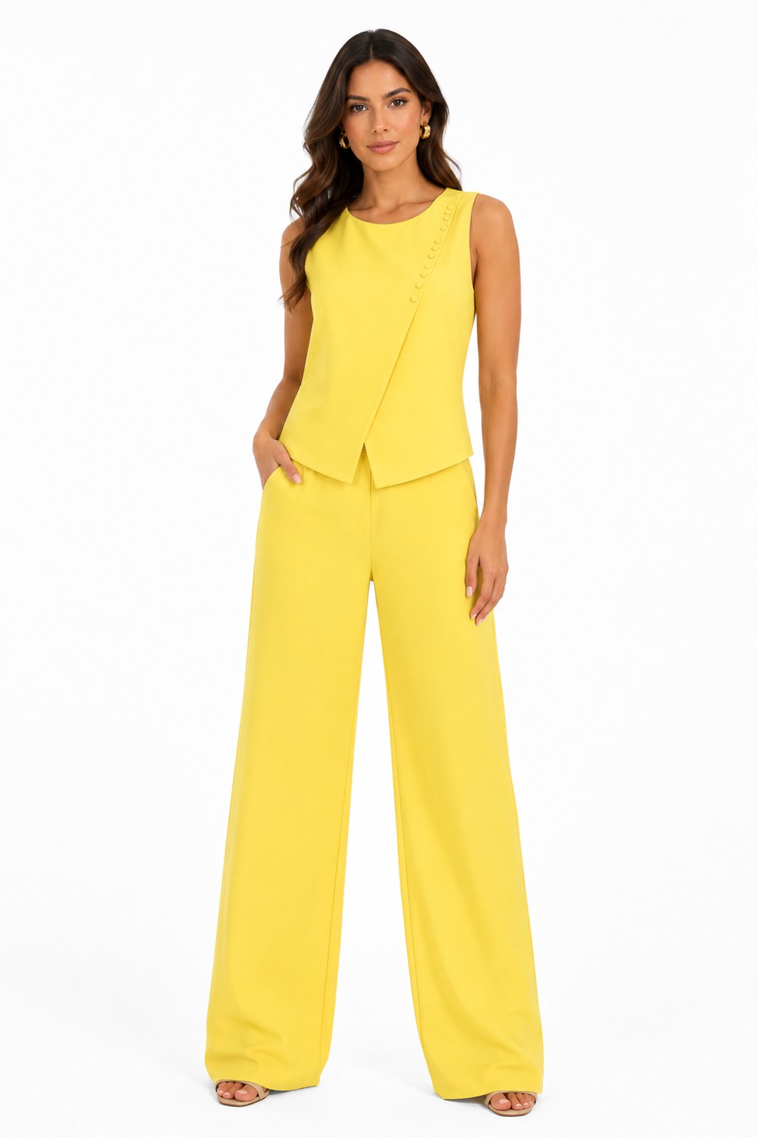 Conjunto Feminino D Bell Outlet Fashion Regata Transpassada Pantalona Amarelo