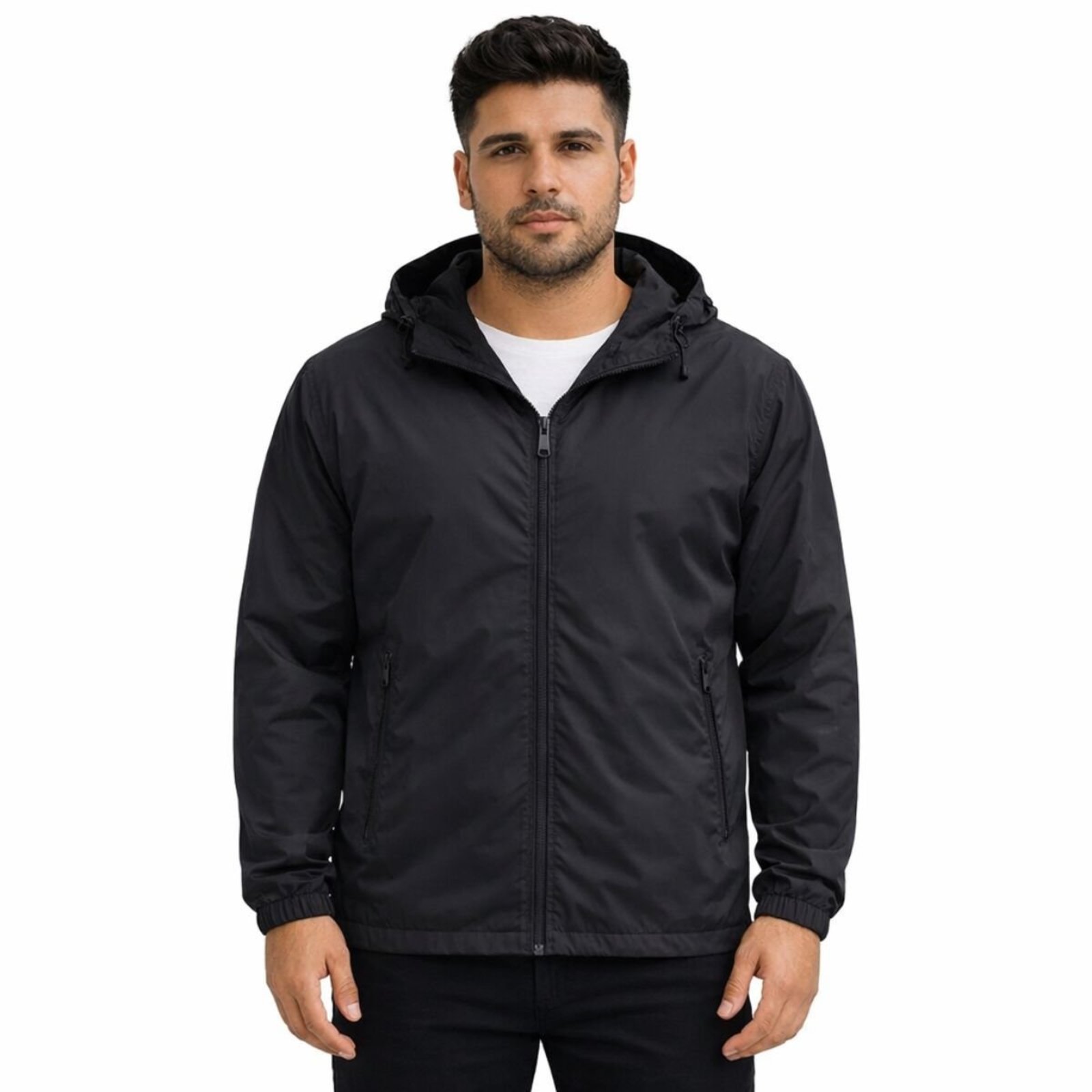 Corta Vento Masculina Preta Leve Com Capuz Removivel Preto