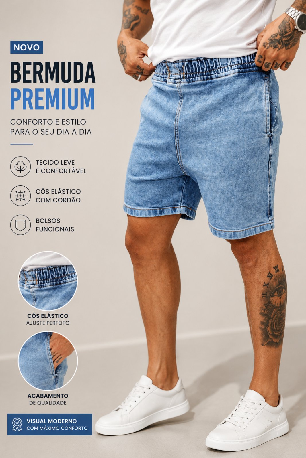 Bermuda Moda Masculina Jeans Marmorizada com Elástico na Cintura