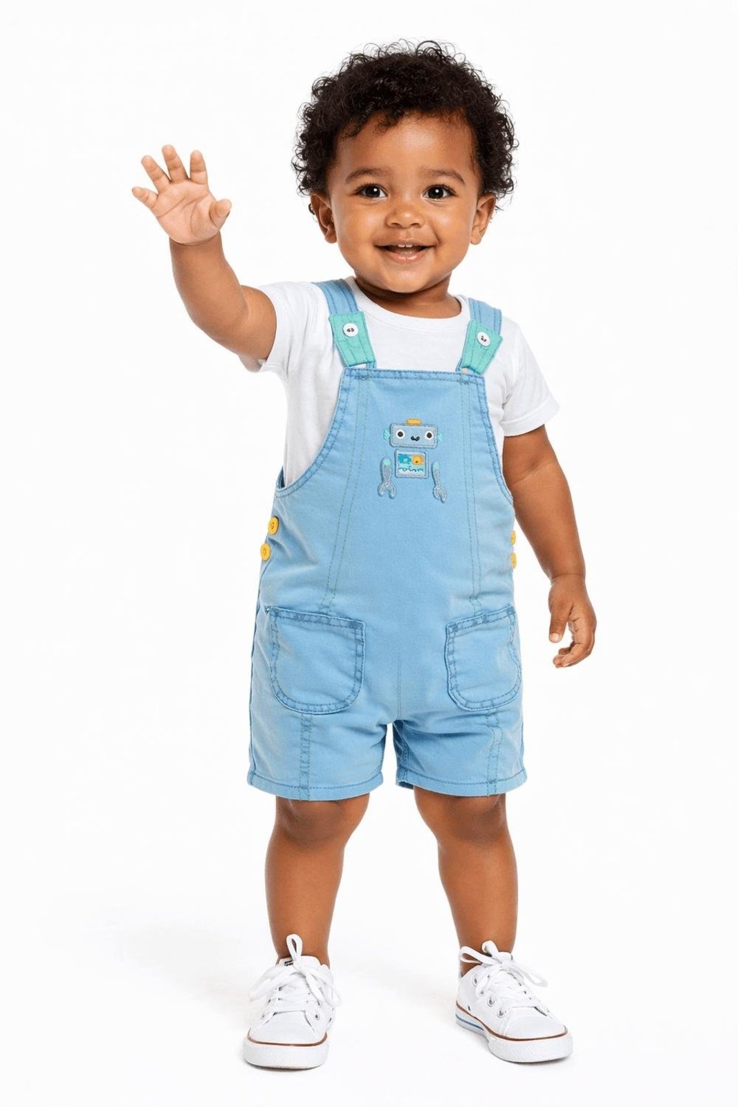 Infantil - Jardineira Jeans Menino Robóticos Alphabeto Jeans Azul