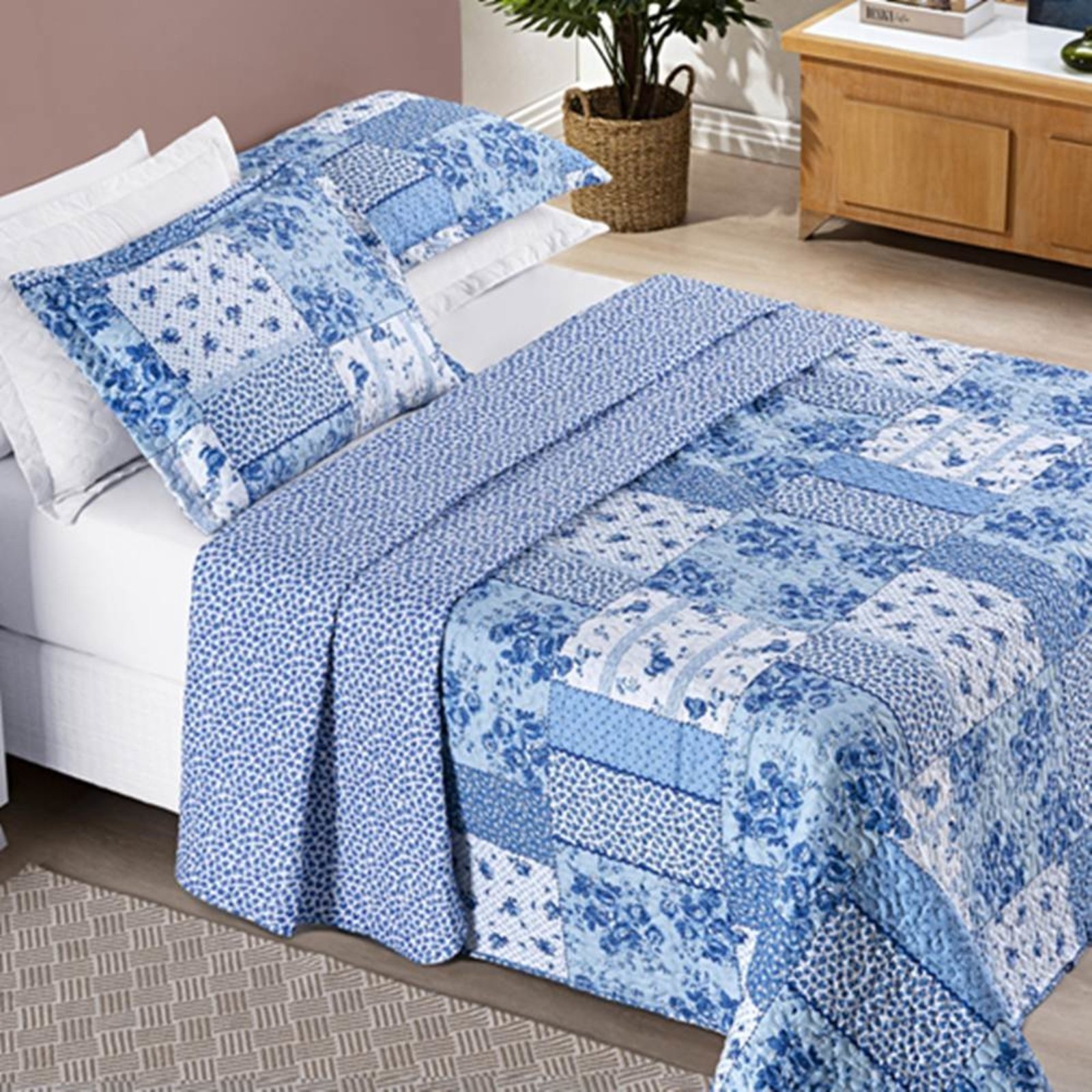 Colcha Queen Bouti Estampada Dupla Face 3 Peças - Azul Sereno