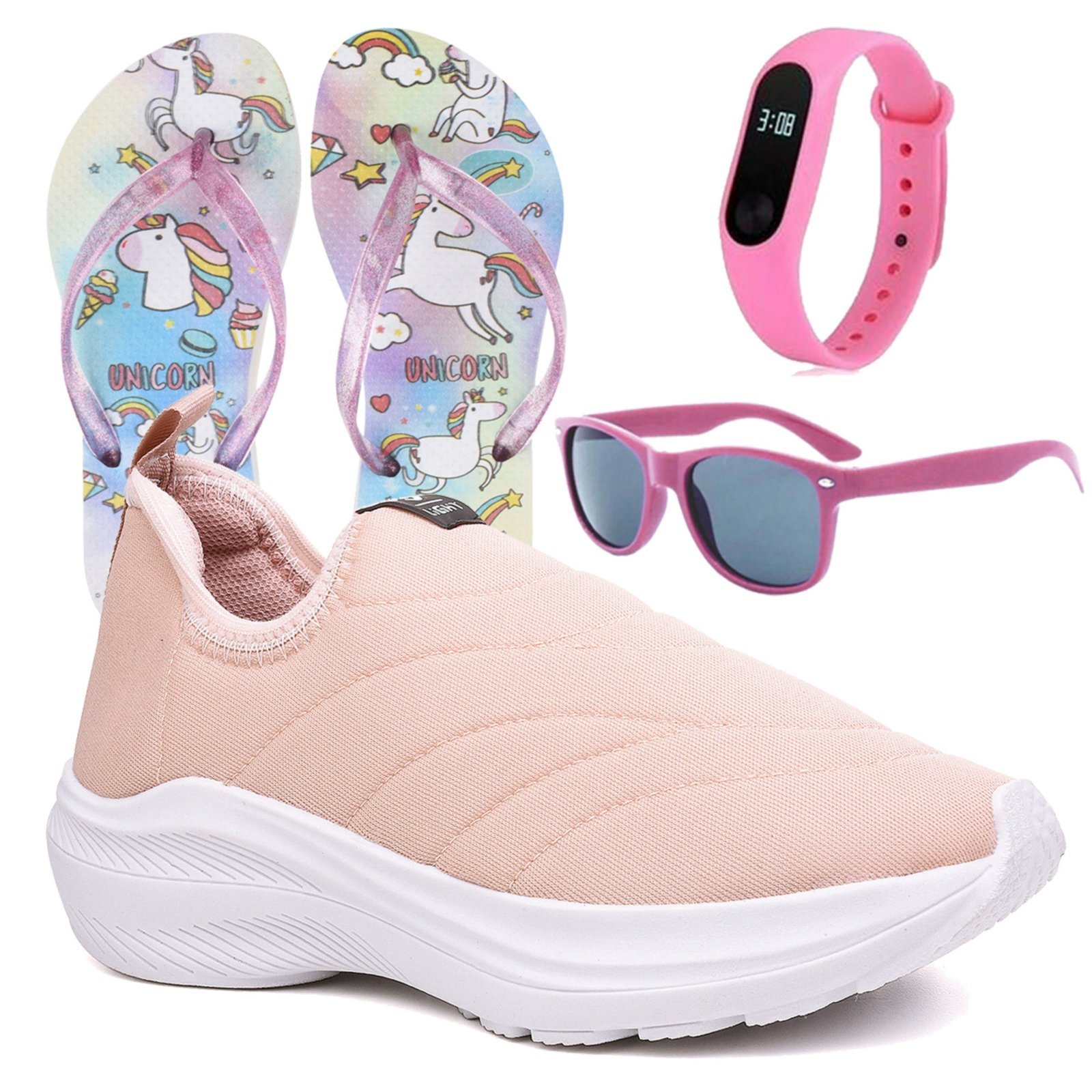Vista 2 Infantil - Tenis Menina Calce Facil Rosa Nude e Chinelo Óculos e Relógio CALCADOS LGHT LIGHT rosê rosa