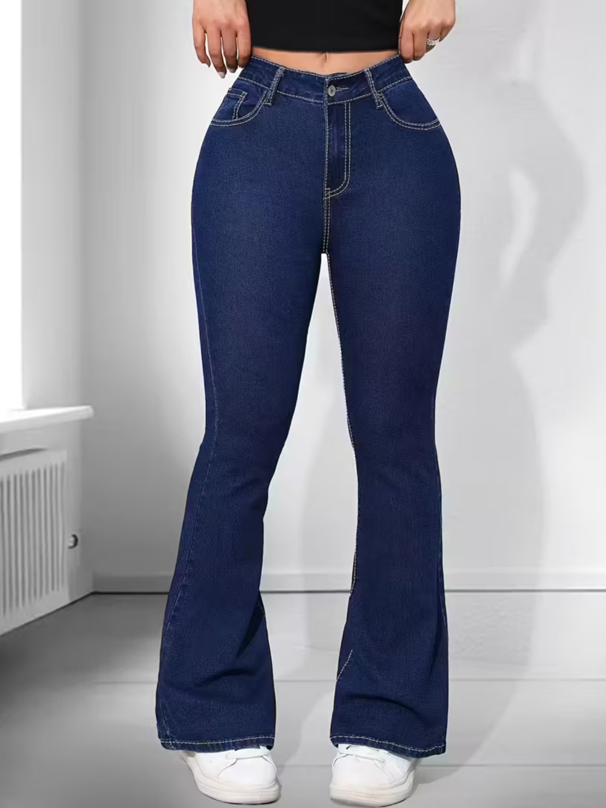 Calça Jeans Flare Alpha Street Wear Azul Escura Feminina Cintura Alta e Caimento Perfeito