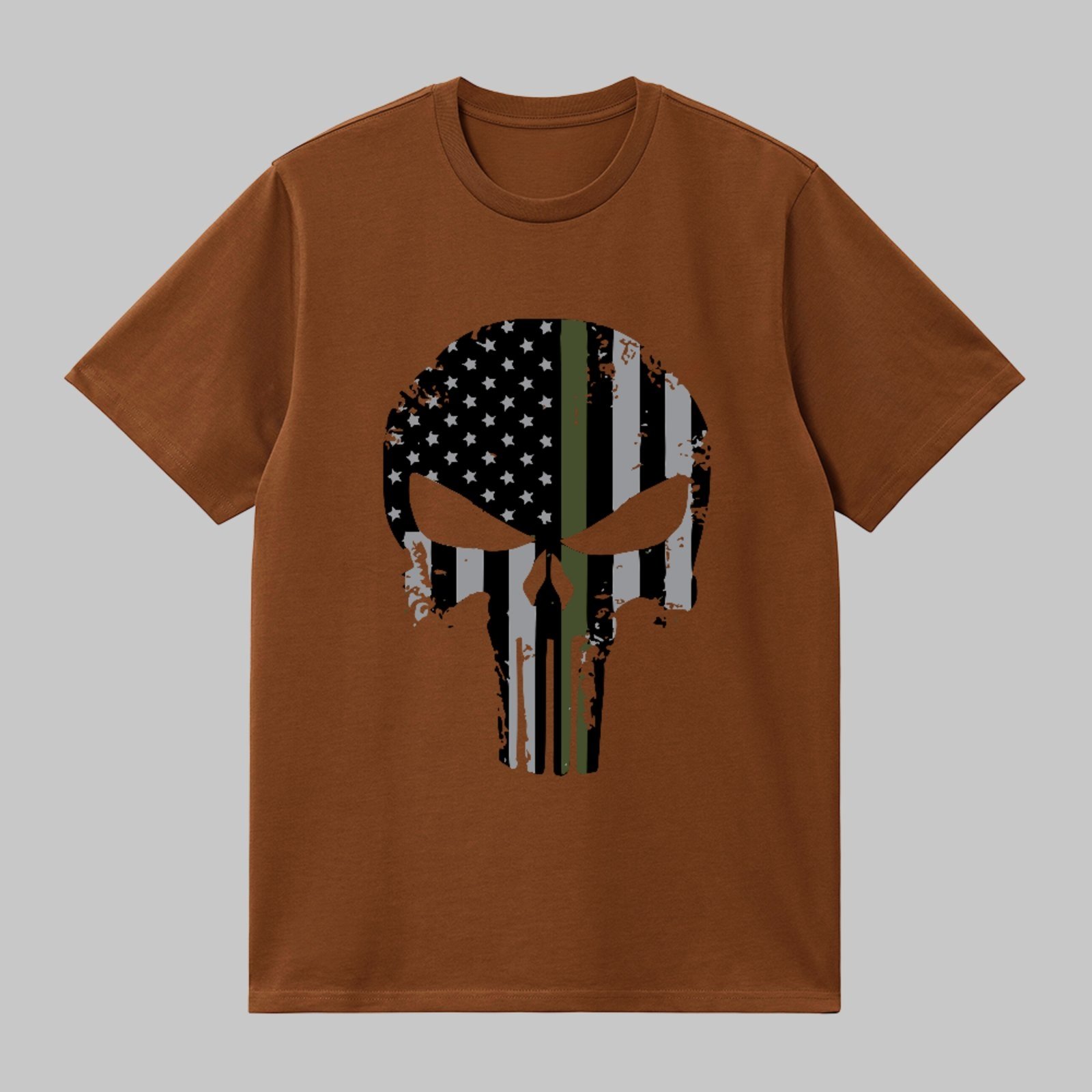 Camiseta Básica Caveira do Justiceiro Skull Tactical Flag Style Unissex Marrom
