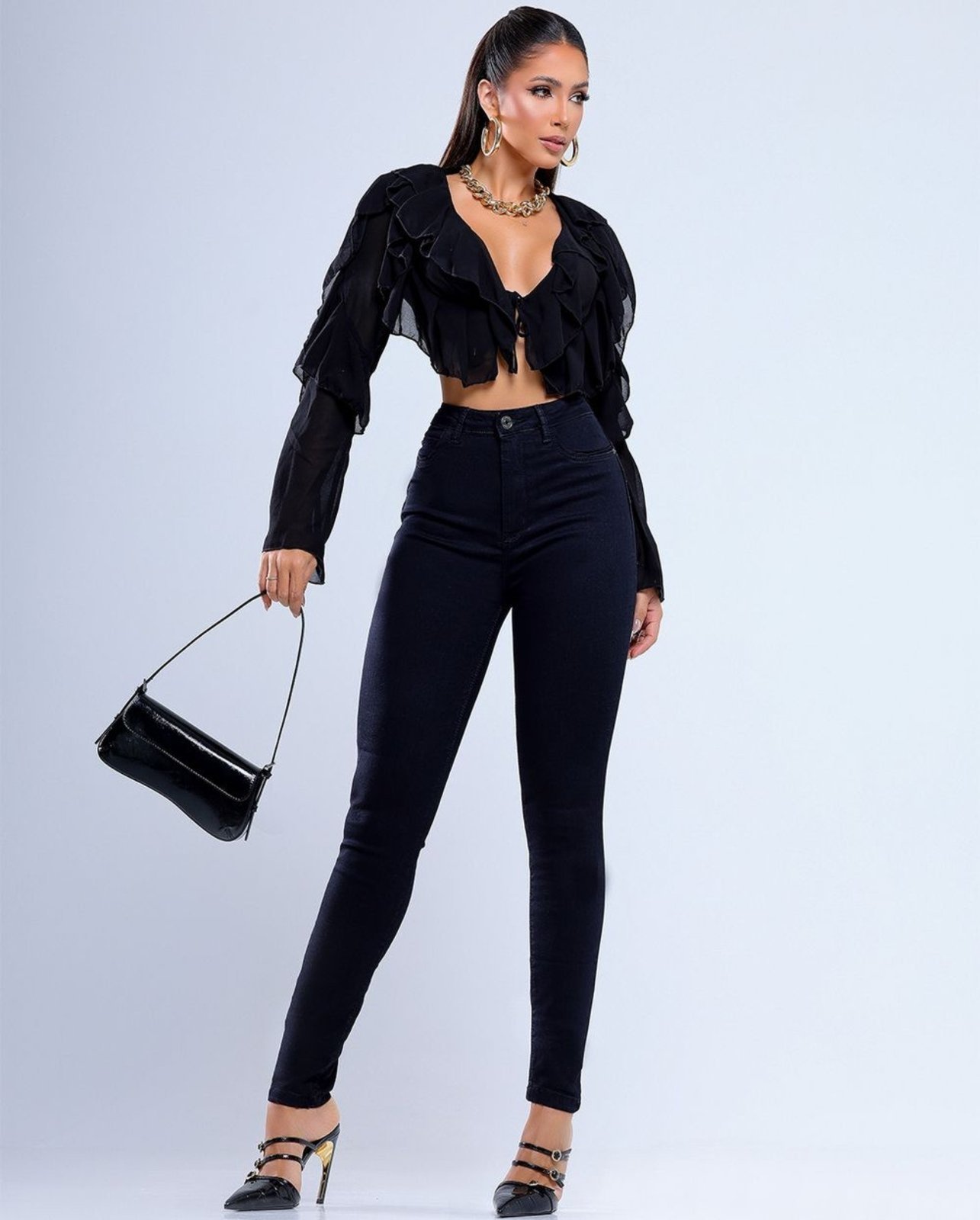 Vista 2 Calça Jeans Skinny Feminina Cintura Alta 25226 Consciência preto Consciência preto