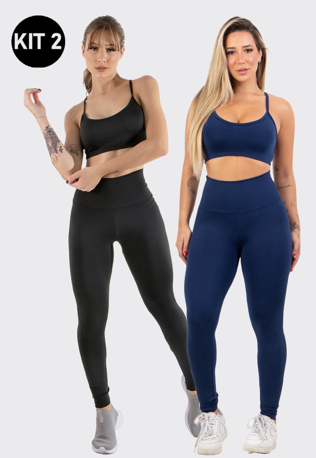 Kit 2 Conjuntos Feminino Fitness Top alça fina e Calça Legging Lisa Treino Academia 4 Estações Azul Marinho/Preto