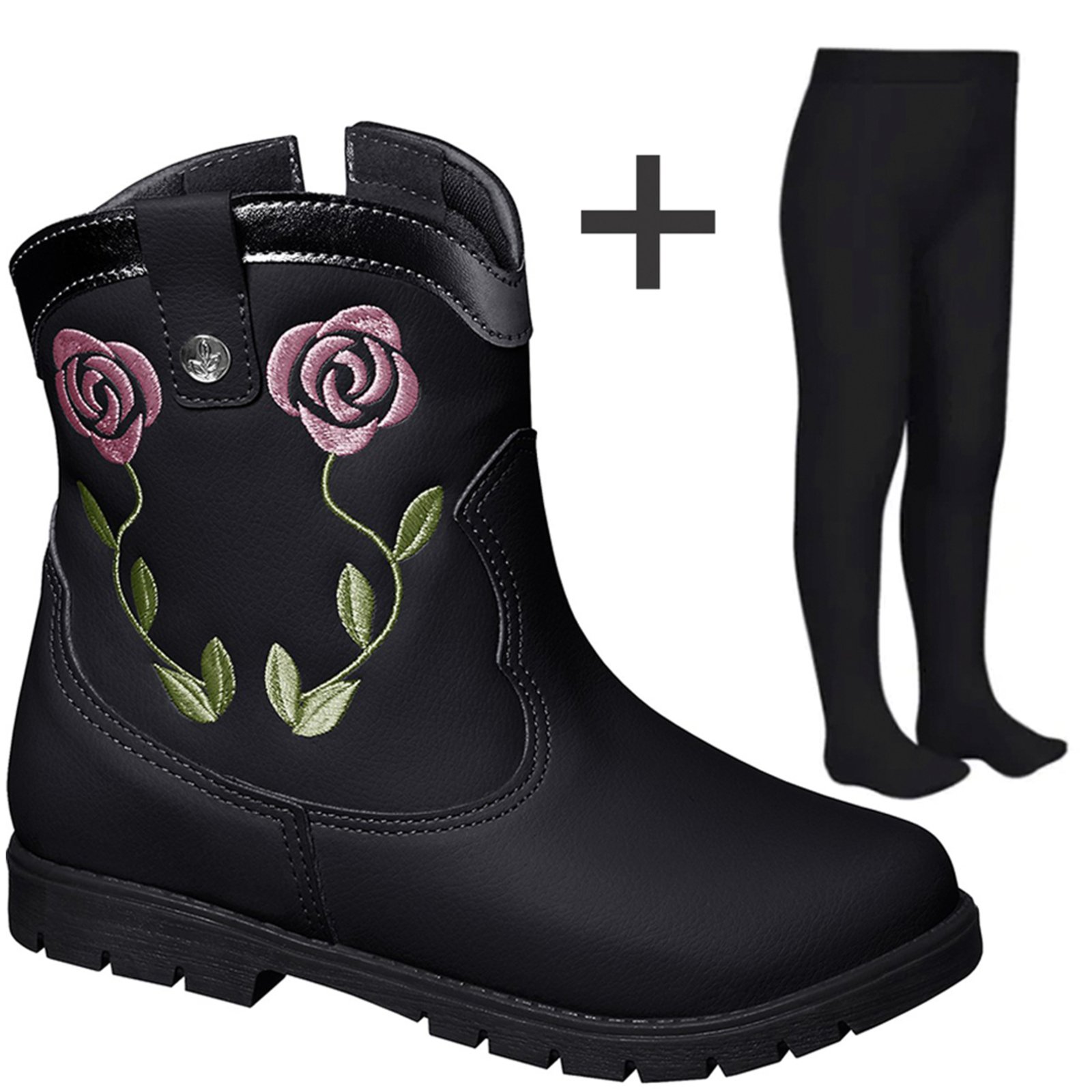 Infantil – Bota Botina Texana Menina Cano Curto + Meia Calça Preto