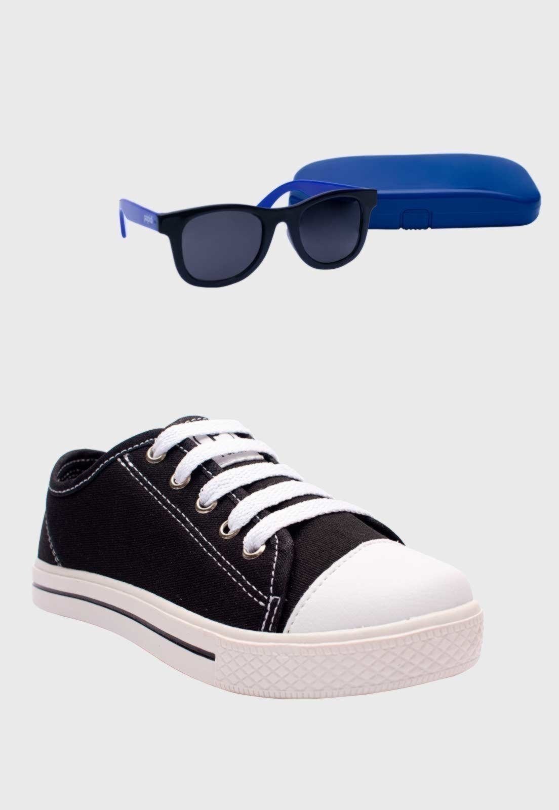 Vista 2 Infantil - Kit Tenis Popstar Preto e Oculos de Sol Azul Pópidí preto azul Pópidí preto azul