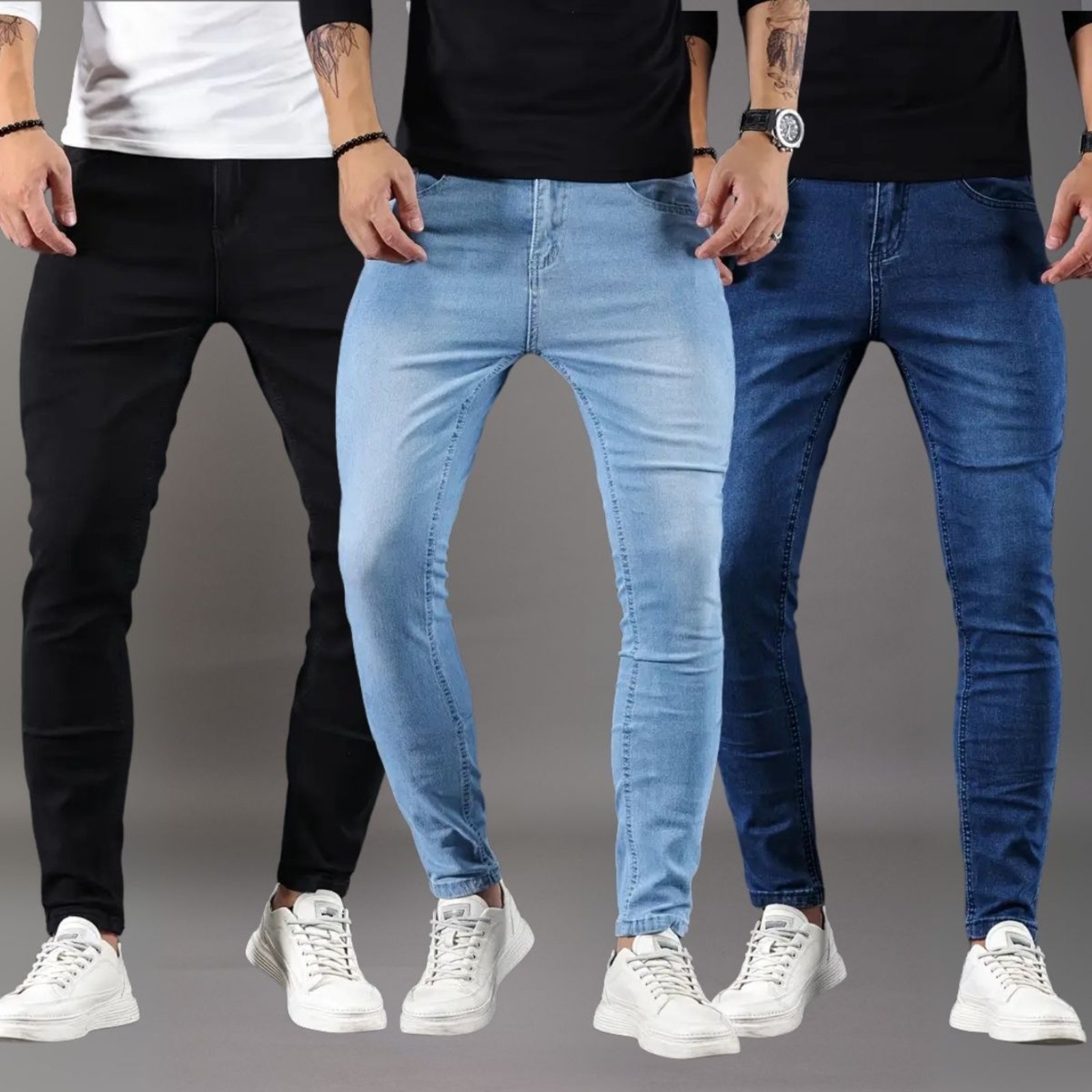 Kit 3 Calças Jeans Masculina Skinny Casual Premium Confortável com Elastano Azul e Preto