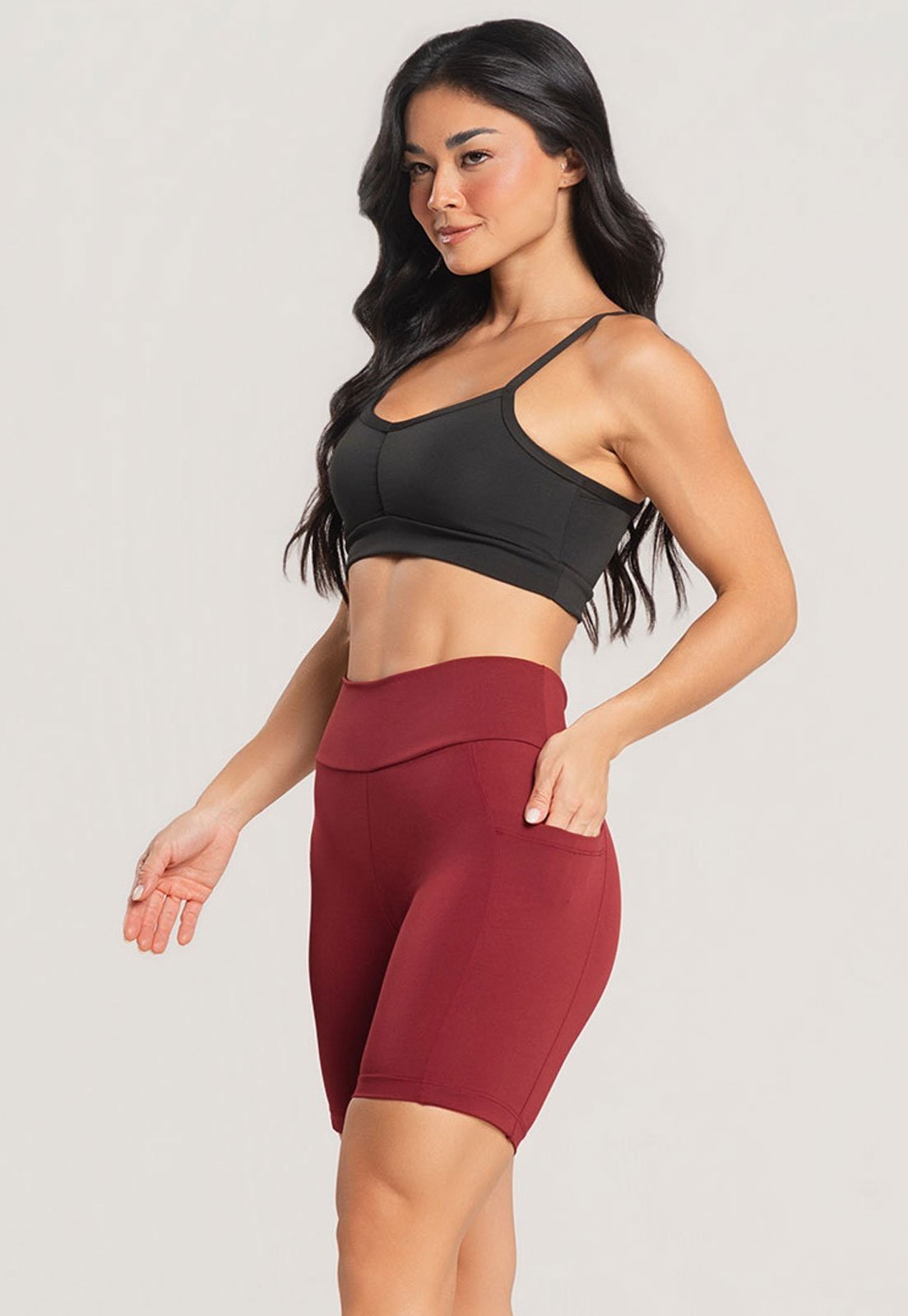 Short MVB Modas Bolso Fitness Feminino Blackout Zero Transparência Academia Treino Corrida Vinho