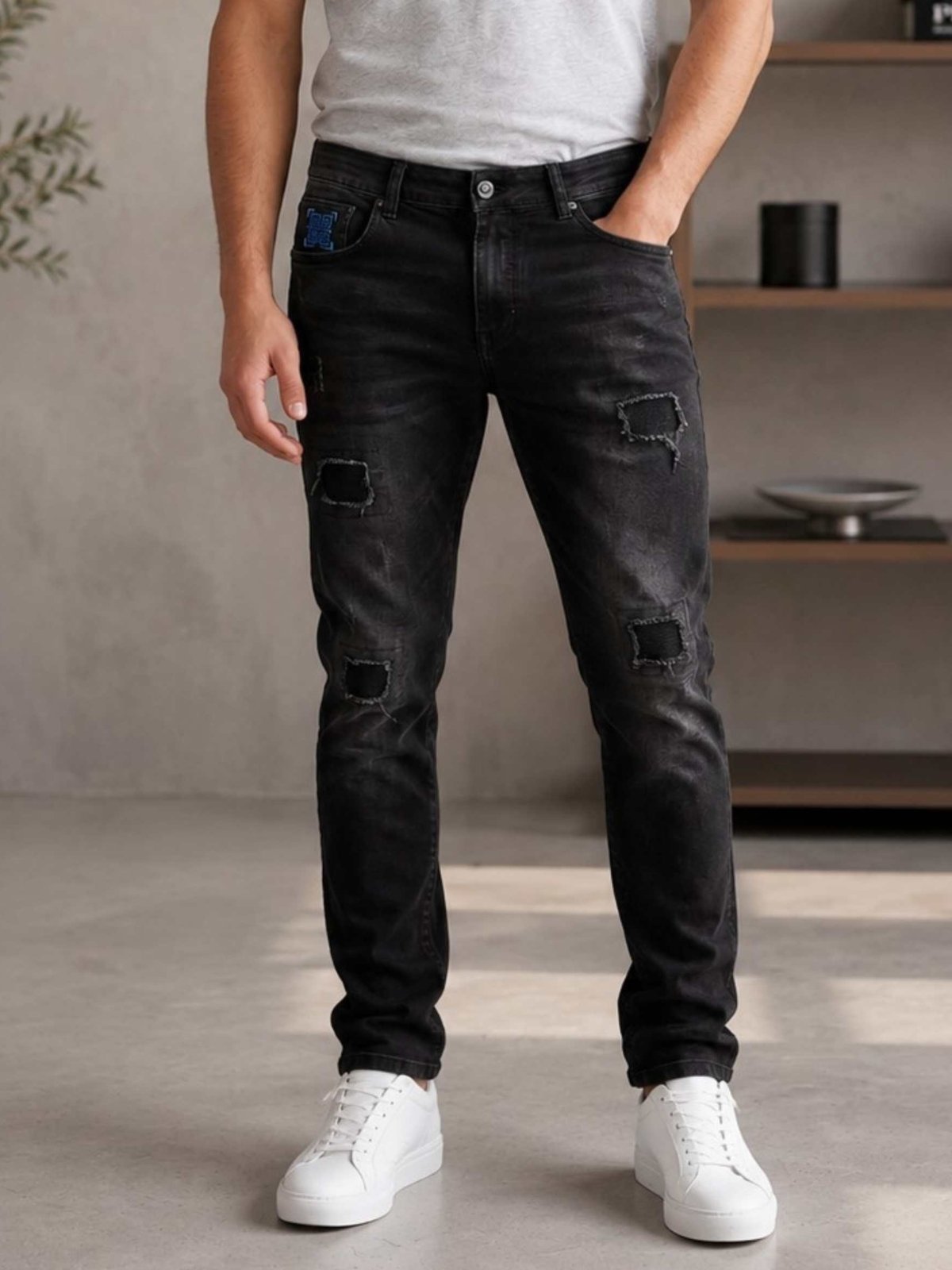Calça Jeans Jogador Masculina Slim Destroyed Preta Premium