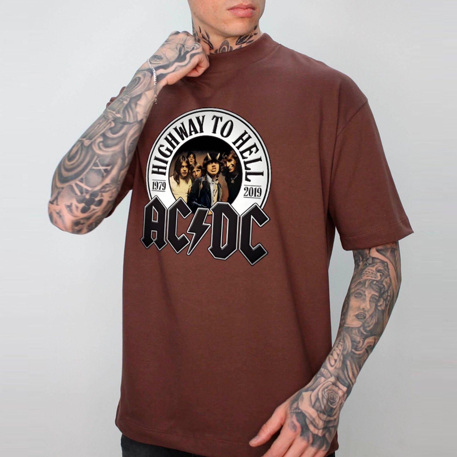Vista 2 Camiseta Ousy Oversized AC DC Highway to Hell Vintage Rock Clássico Unissex branco ousy branco