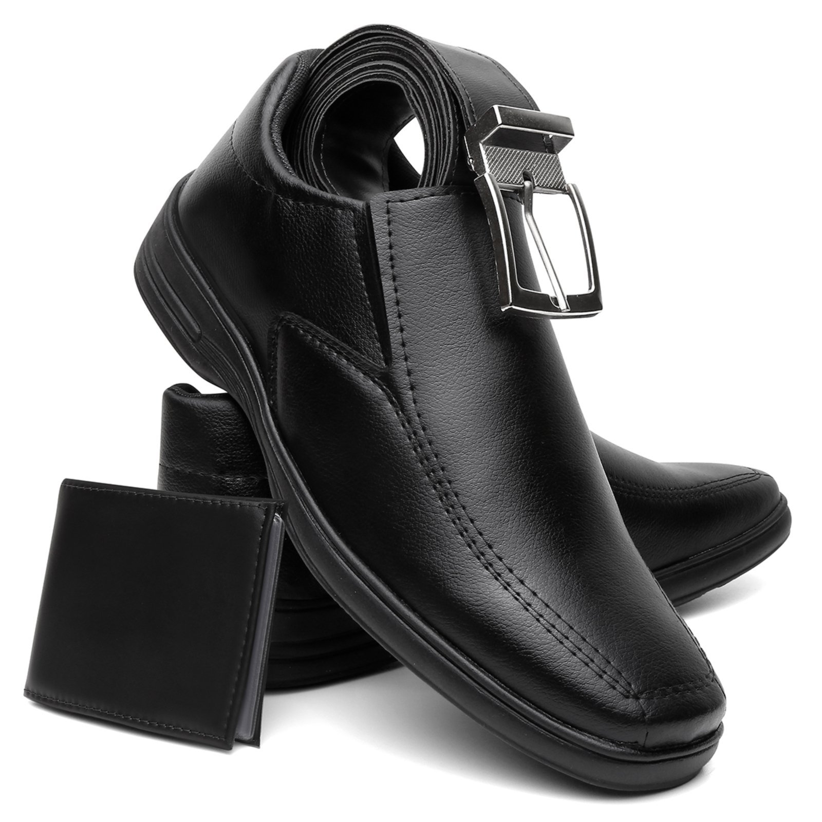 Kit Sapato Conforto Masculino Anna Andrade Social Macio Bico Quadrado Anatômico Cinto e Carteira Preto