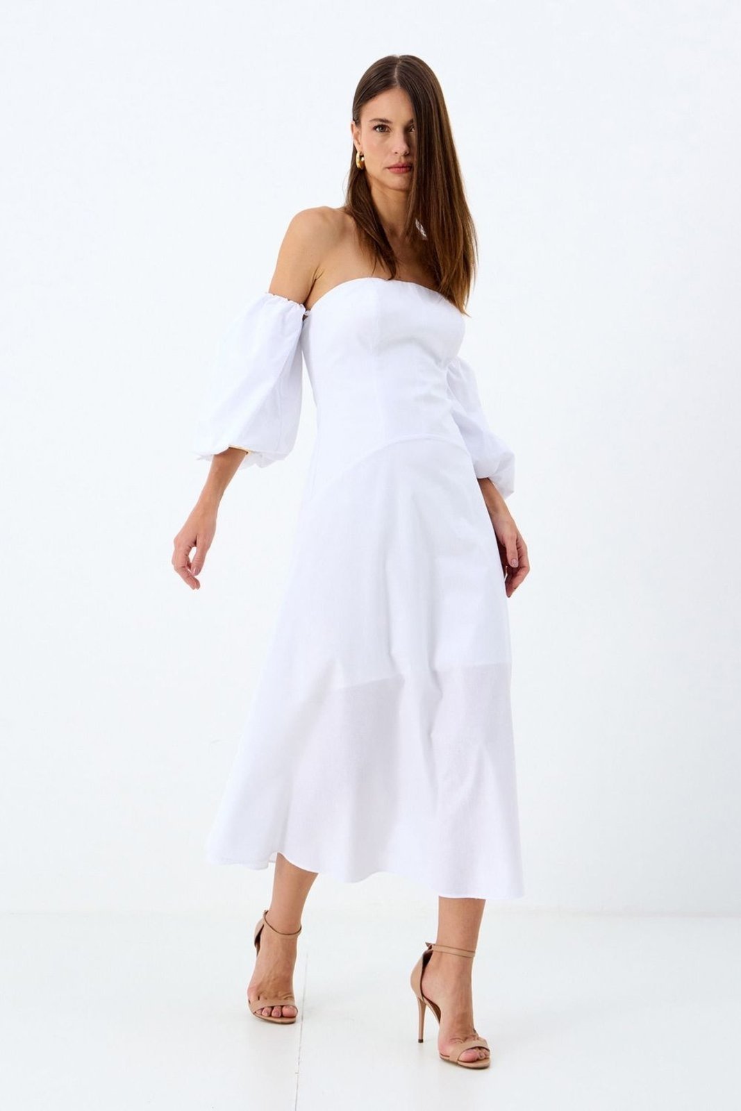 Vestido Midi Ombro a Ombro Manga Balonê ACT Feminino