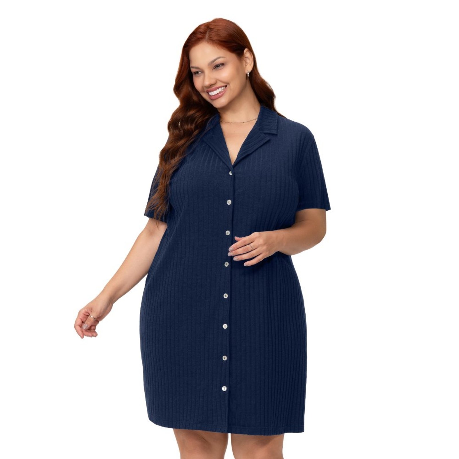 Camisola Americana Plus Feminino Manga Curta Azul Marinho Canelada