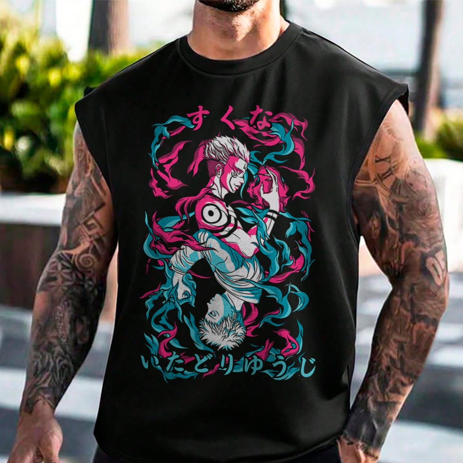 Camiseta Regata Machão Arte Jujutsu Kaisen Sukuna x Satoru Gojo Masculina Preto