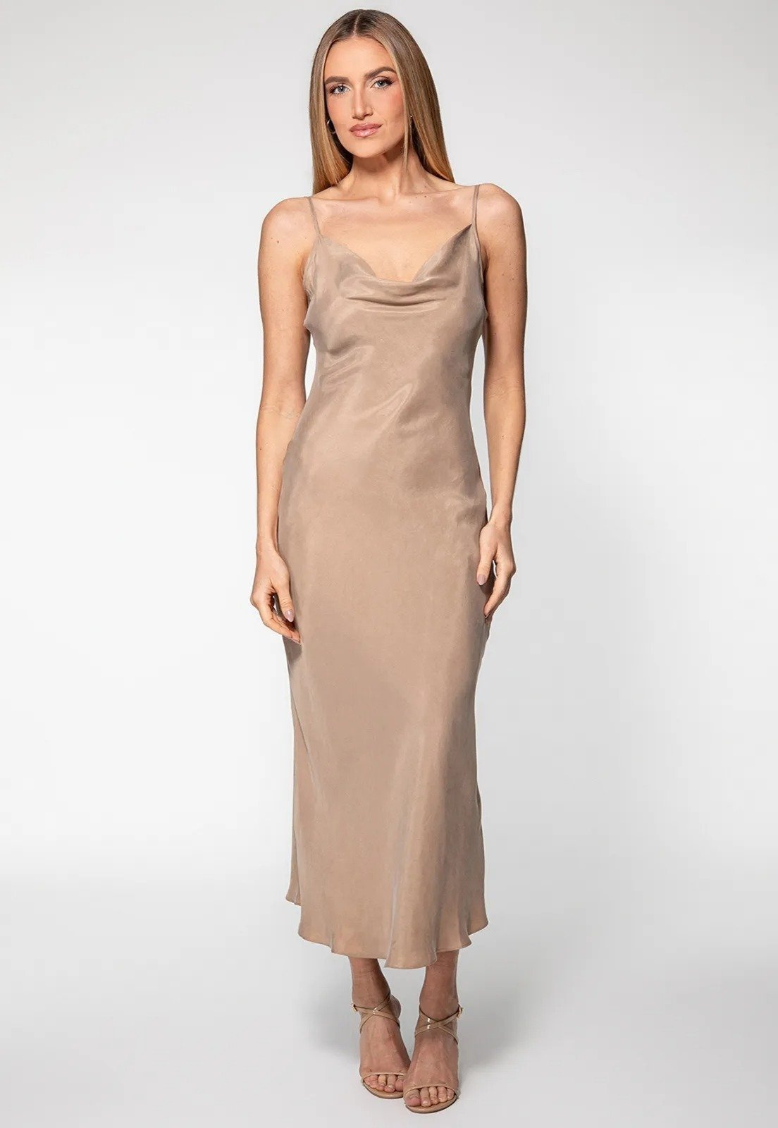 Vestido Guess Longo Acetinado Alça Fina Eco Bege
