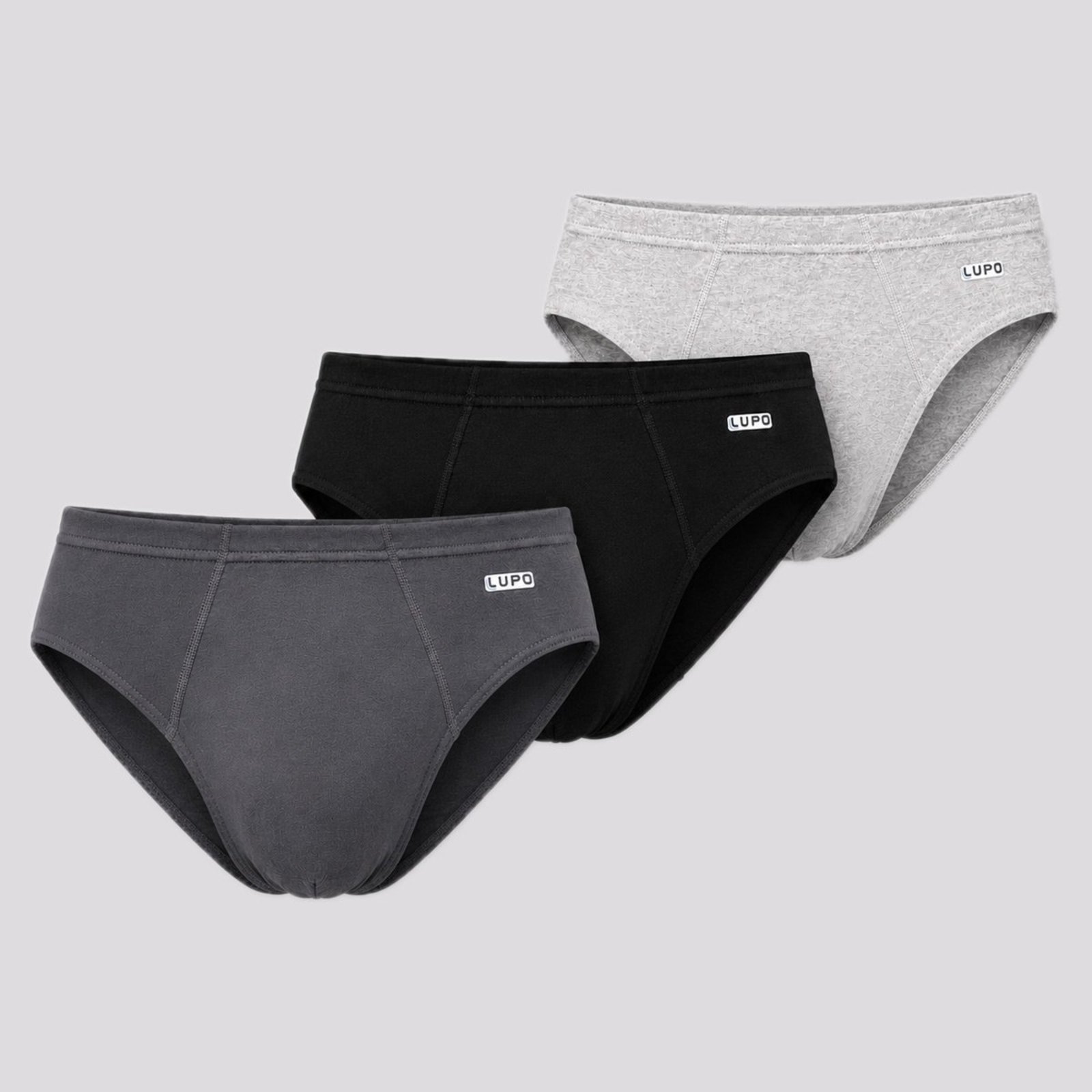 Kit 3 Cuecas Slip Lupo Algodão Preto Cinza e Cinza Escuro