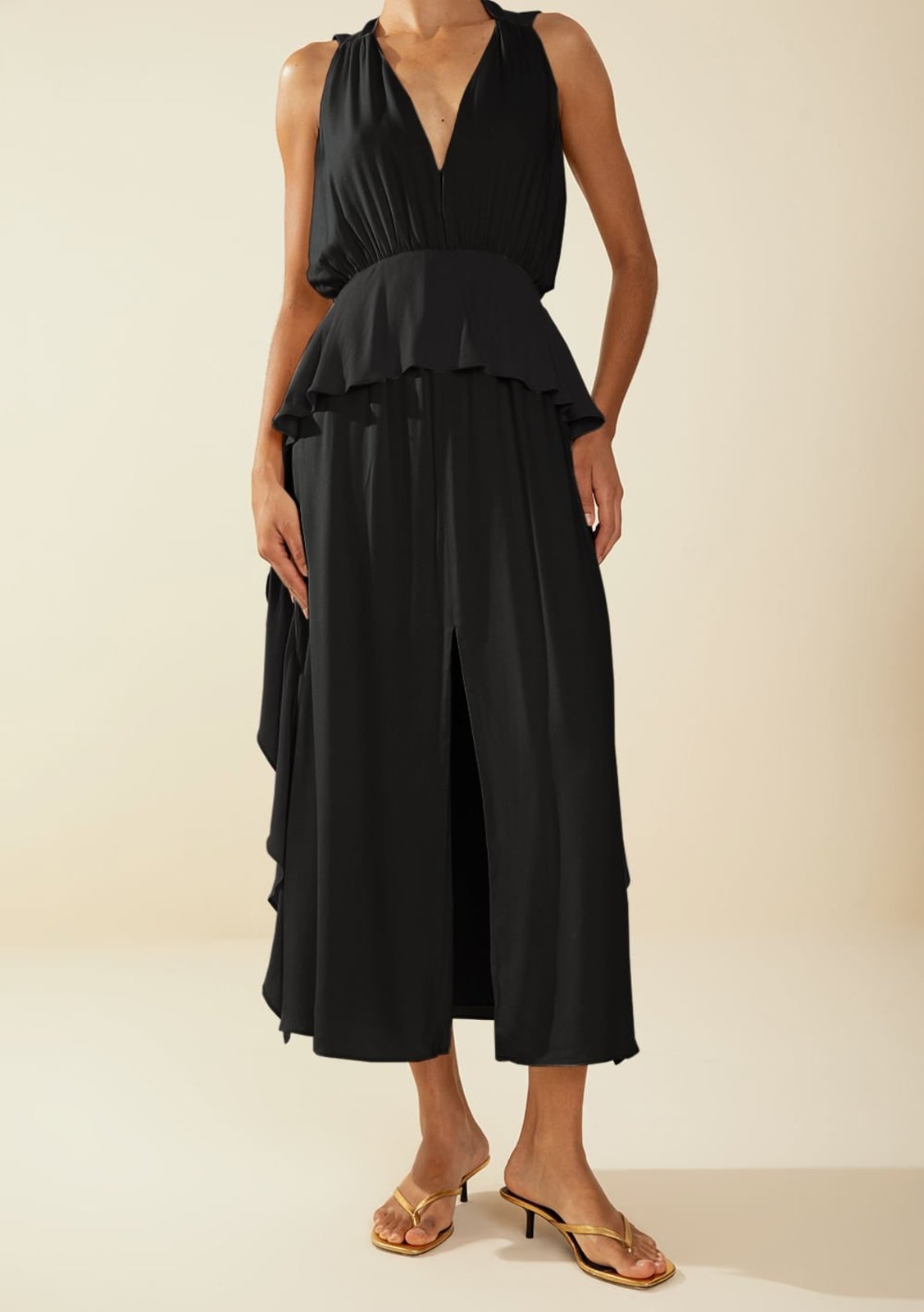 Vestido Morena Rosa Ajustado Decote V Com Alça Midi Preto