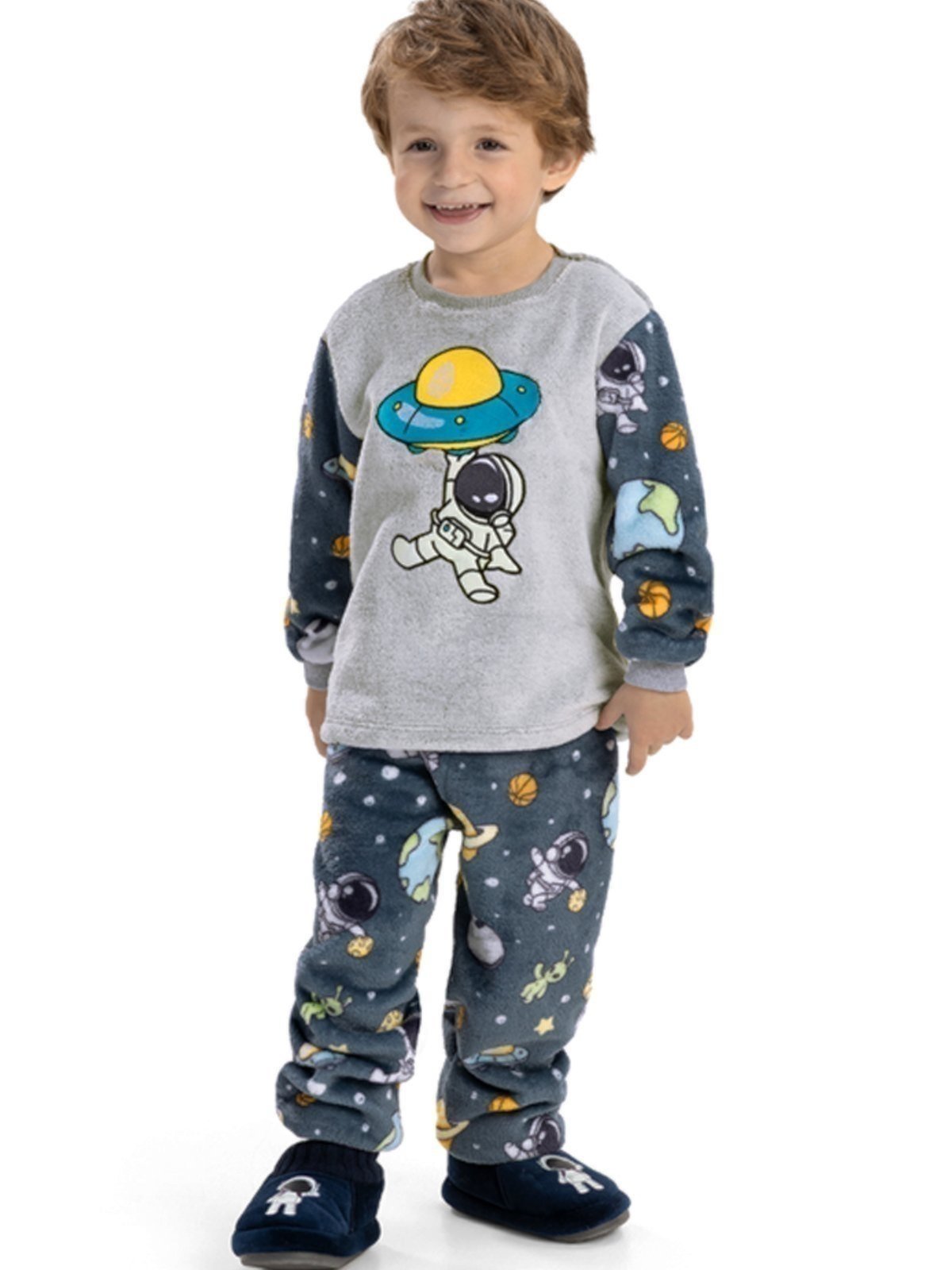 Pijama de Inverno Em Fleece Menino Brilha no Escuro Magicamente Astronauta Chumbo