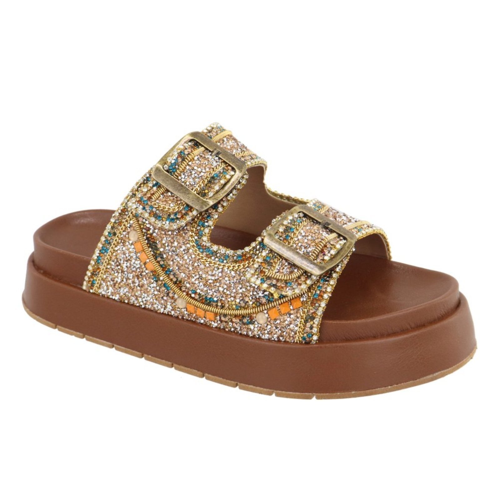 Sandalia Flatform Ratseira Strass Pedraria Brilho Sola Alta Lançamento Caramelo
