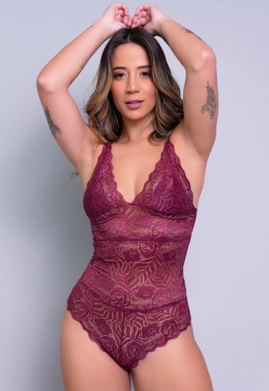 Body Feminino Bella Fiore Modas Sexy Renda Transparente Vinho