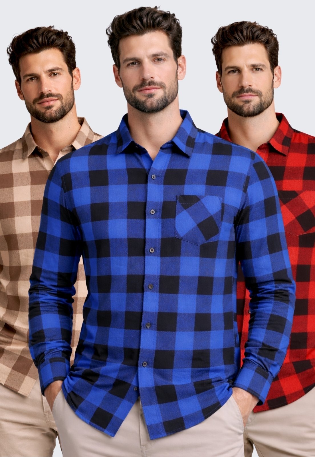 Kit 3 Camisa Xadrez Masculina Manga Longa Daze Modas Bege Azul e Vermelho
