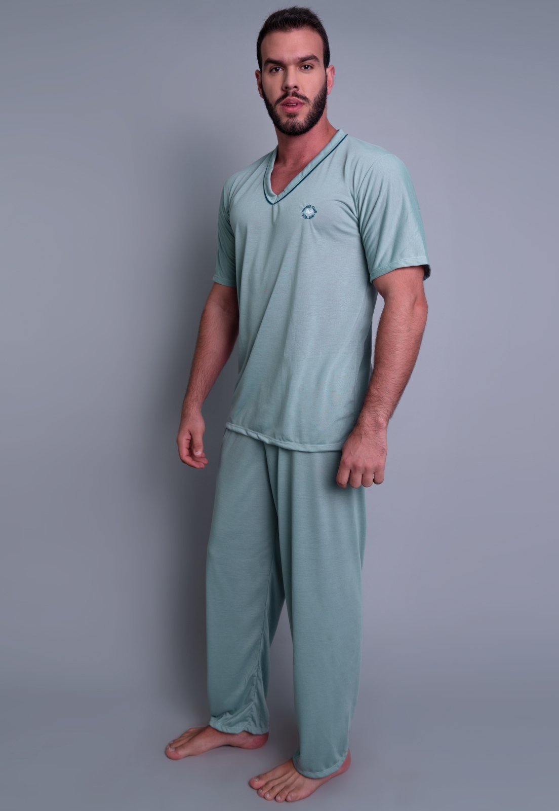 Pijama Longo MVB Modas Manga Curta E Calça Comprida Adulto Cinza