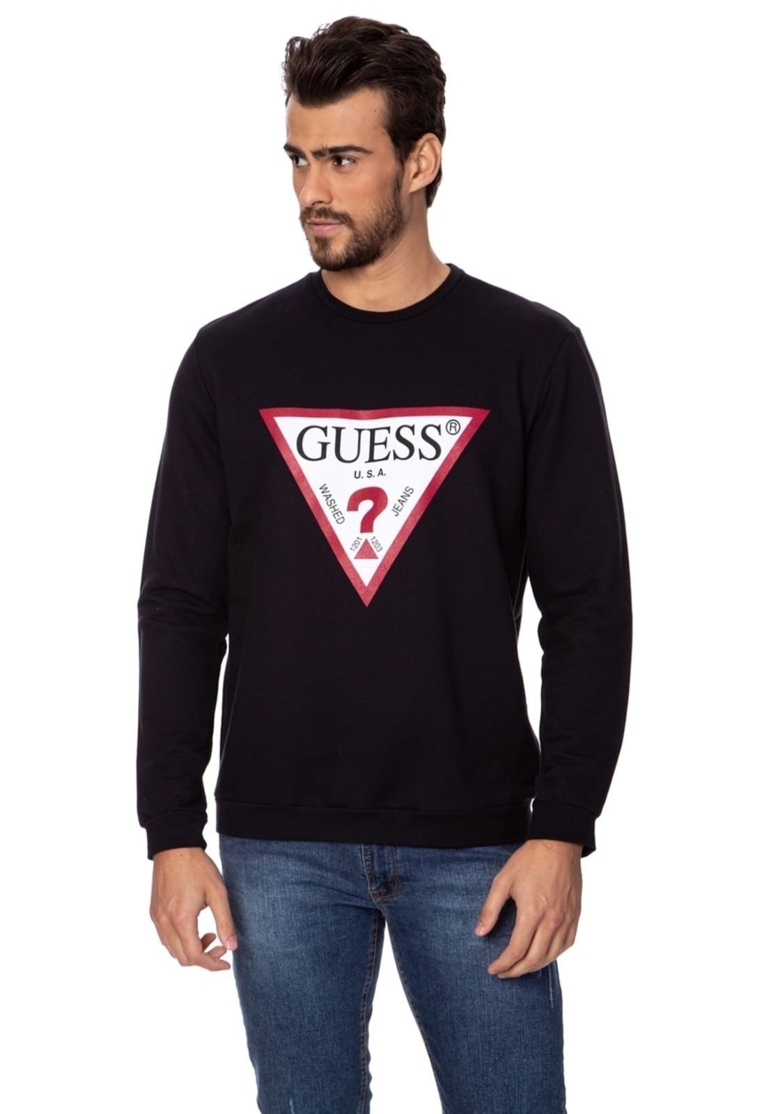 Blusa Guess De Moletom Gola Careca Preto