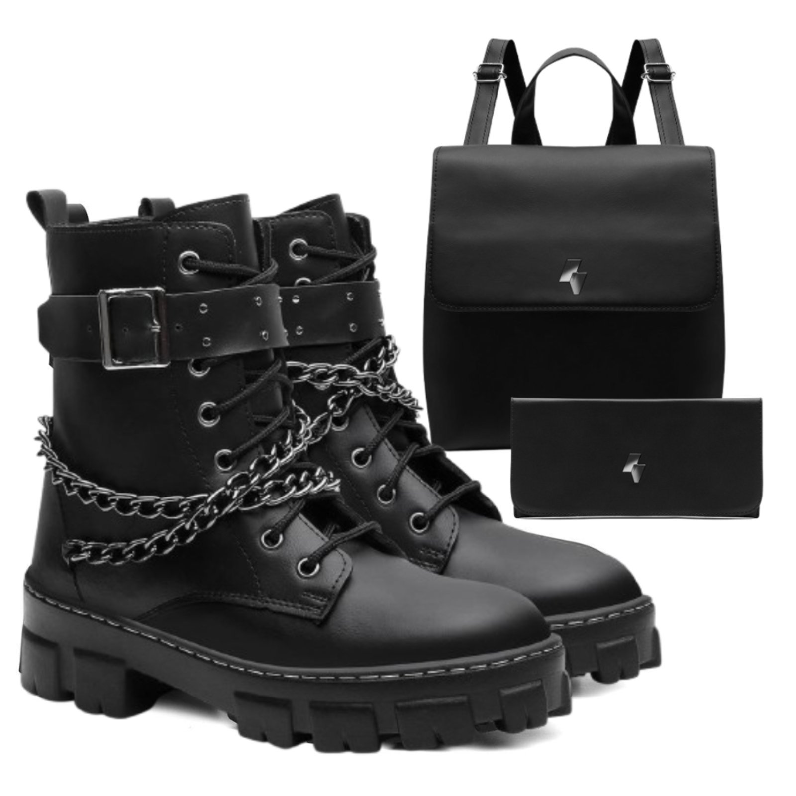Kit Bota Coturno Feminino Veritimo Tratorada Cano Médio Correntes Rock Bolsa E Carteira