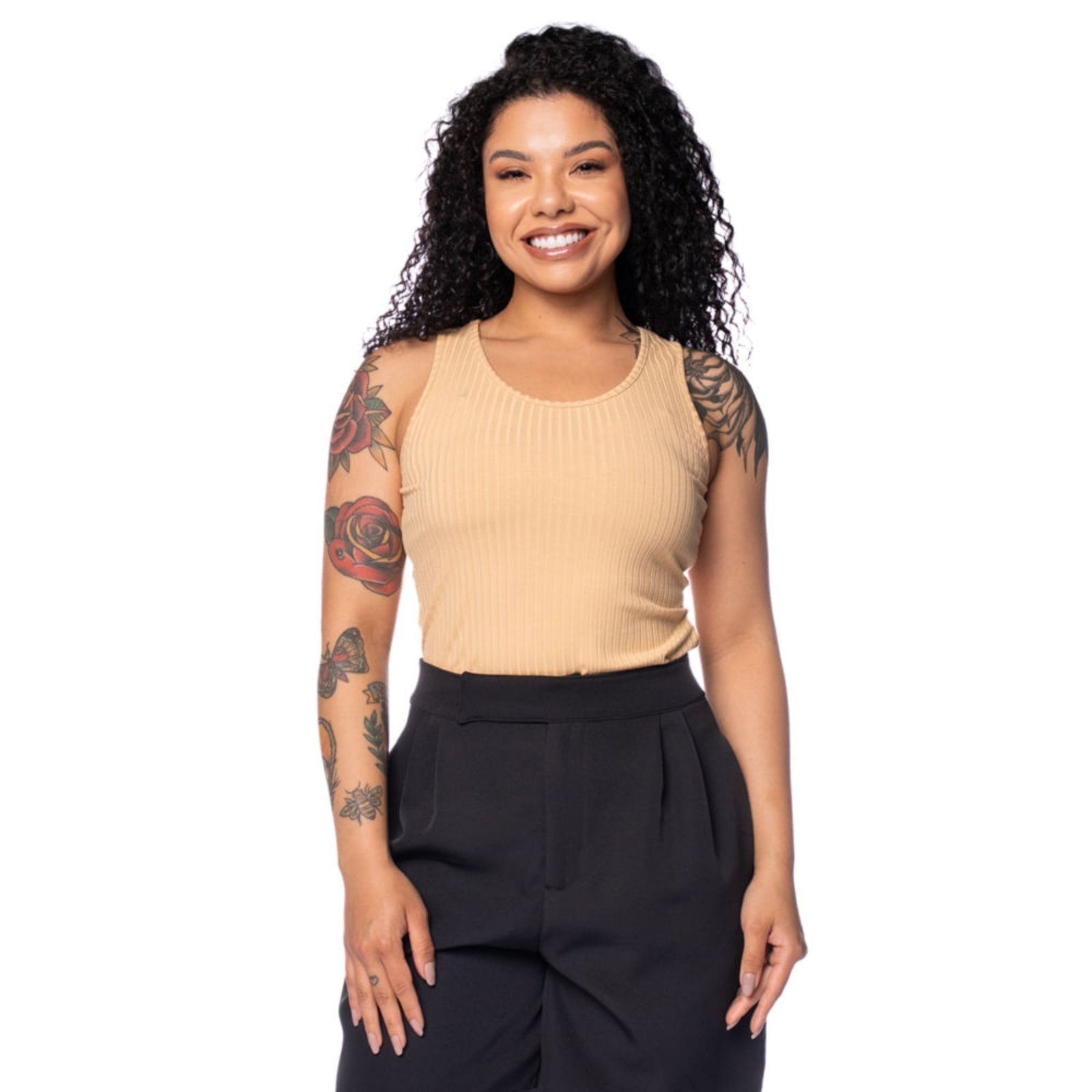 Blusa Feminina Cativa Regata Canelada Bege
